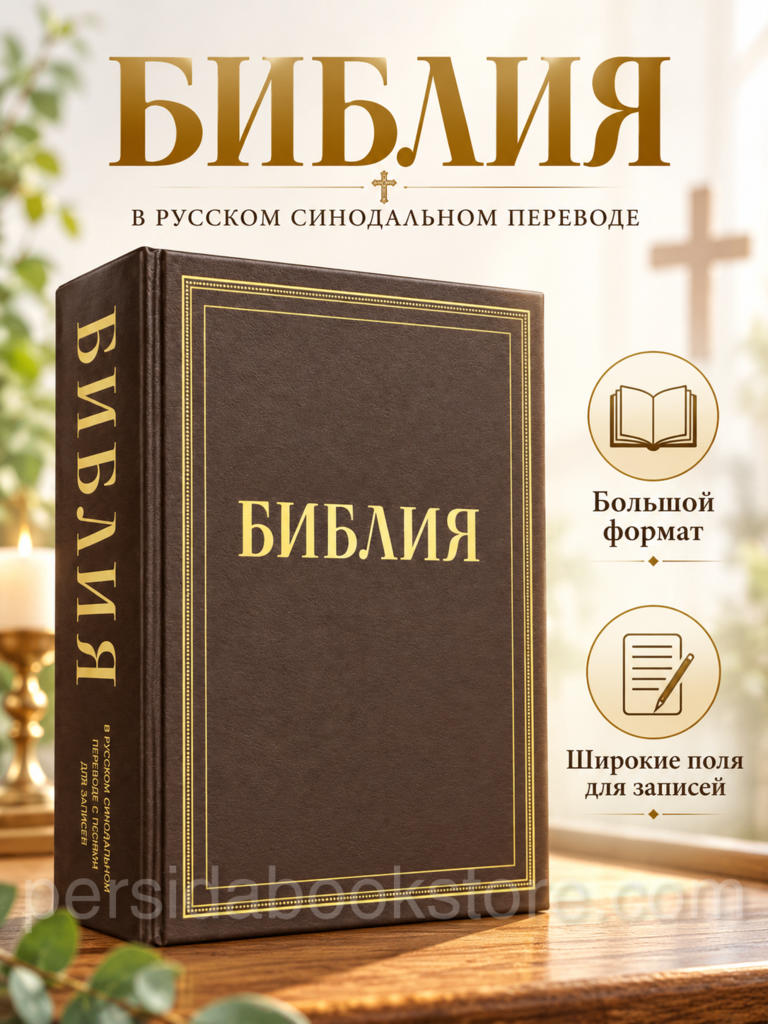 Библия большого формата с широкими полями для записей, русский Синодальный перевод, коричневая твёрдая обложка с золотым тиснением