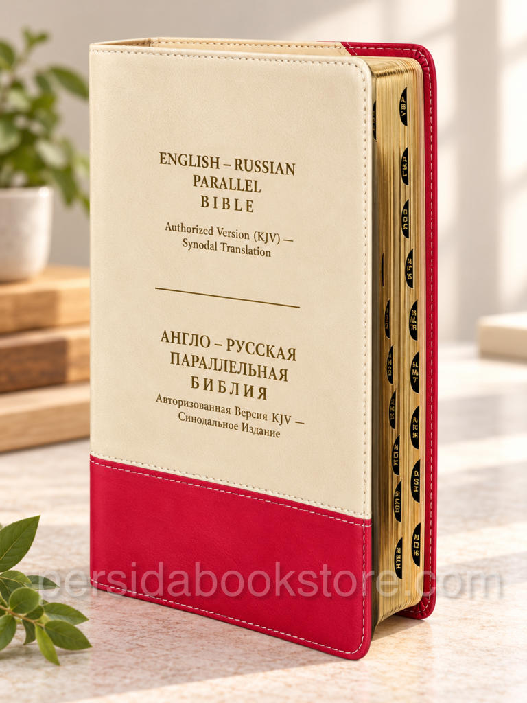 Англо-русская параллельная Библия KJV, кремово-красная кожаная обложка, золотой обрез и индексы.