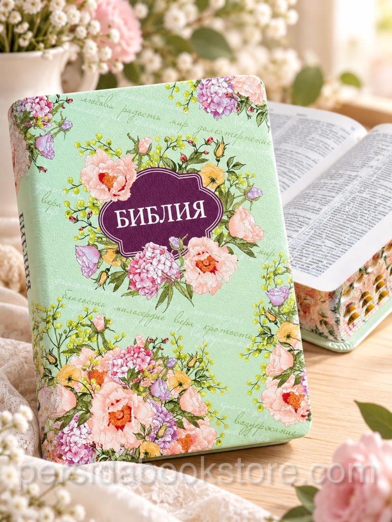 Библия среднего формата в мягком переплёте из мятной экокожи с розовыми и сиреневыми цветами, Синодальный перевод на русском языке.